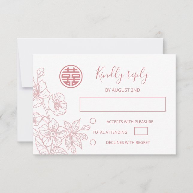 Blush Floral Line Art Chinese Wedding RSVP Invitation (Front)