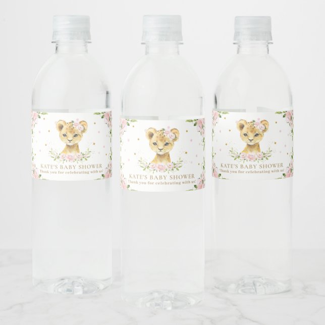 Blush Floral Lion Cub Baby Shower 1st Birthday Water Bottle Label (Bottles)