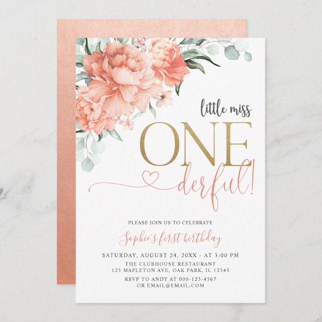 Blush Floral Little Miss Onederful 1st Birthday Invitation (Front/Back)