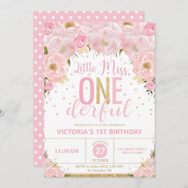 Blush Floral Little Miss Onederful 1st Birthday Invitation (Front/Back)