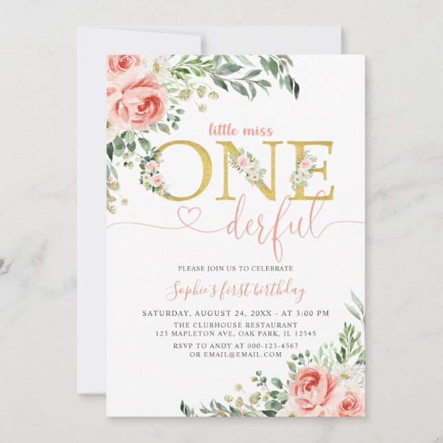 Blush Floral Little Onederful Girl 1st Birthday Invitation (Front)