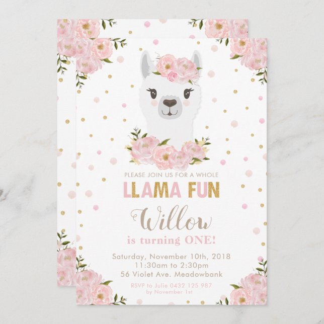 Blush Floral Llama Birthday Invitation (Front/Back)