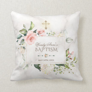 Blush Floral Marble Gold Cross Baptism Monogram Cushion