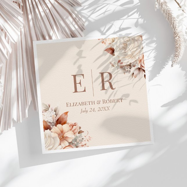 Blush Floral Mocha Mousse Monogram Wedding Napkin (Blush Floral Mocha Mousse Monogram Wedding Napkins on a sunny white boho table.)