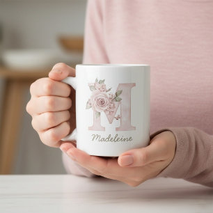 Blush Floral Monogram Feminine Mug - Letter M