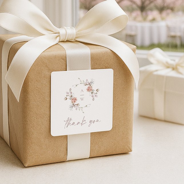 Blush Floral Monogram “Thank You” Wedding Square Sticker (Creator Uploaded)
