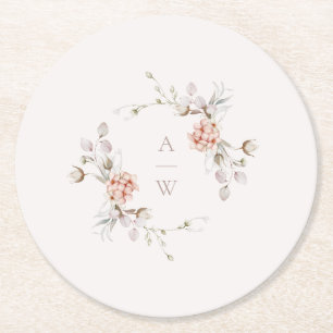 Blush Floral Monogram Wedding Round Paper Coaster