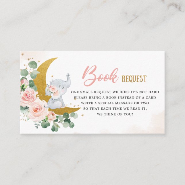 Blush Floral Moon Elephant Birthday Book Request Enclosure Card (Front)