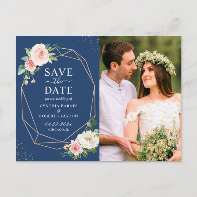 Blush Floral Navy Blue Geo Frame Save the Date Postcard (Front)