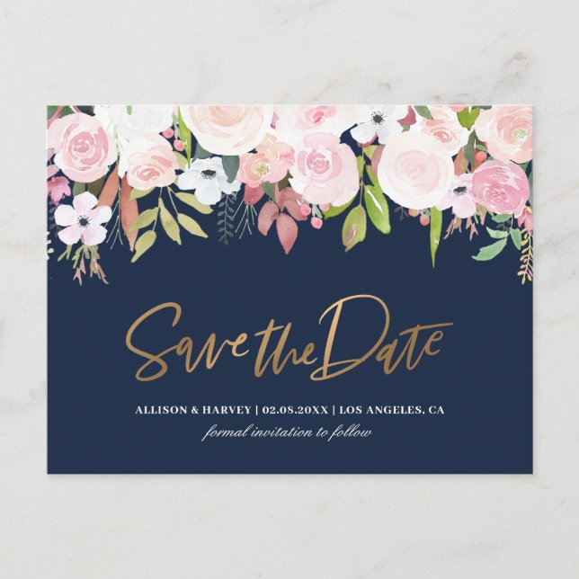 blush floral navy blue save the date postcard (Front)