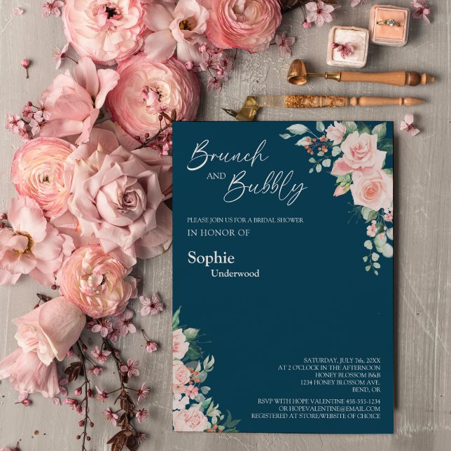 Blush Floral Navy Bridal Brunch And Bubbly Invitation (Creator Uploaded)