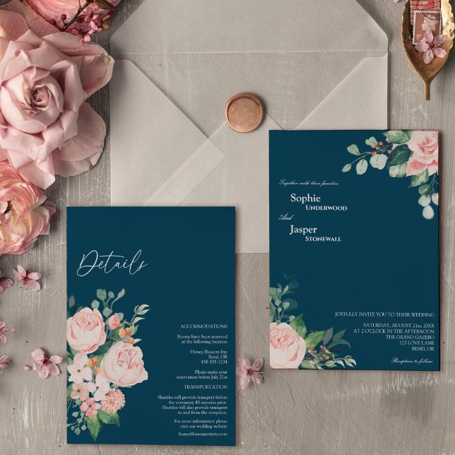 Blush Floral Navy Details All In One Wedding Invitation (Creator Uploaded)