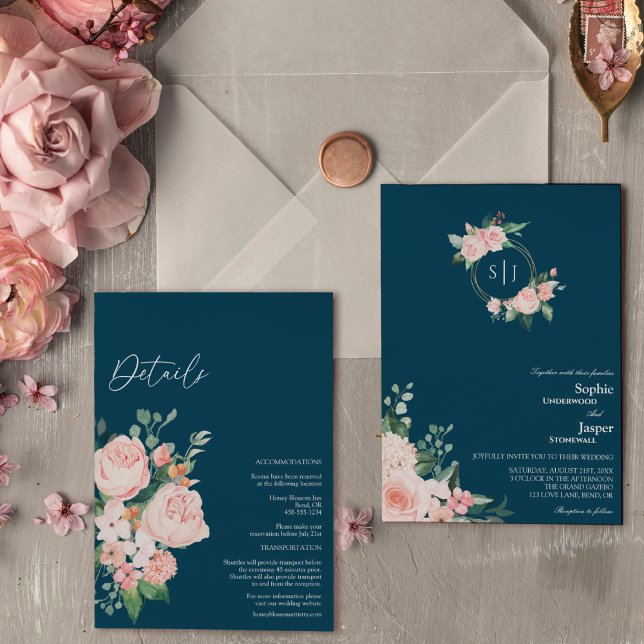 Blush Floral Navy Monogram All In One Wedding Invitation (Creator Uploaded)