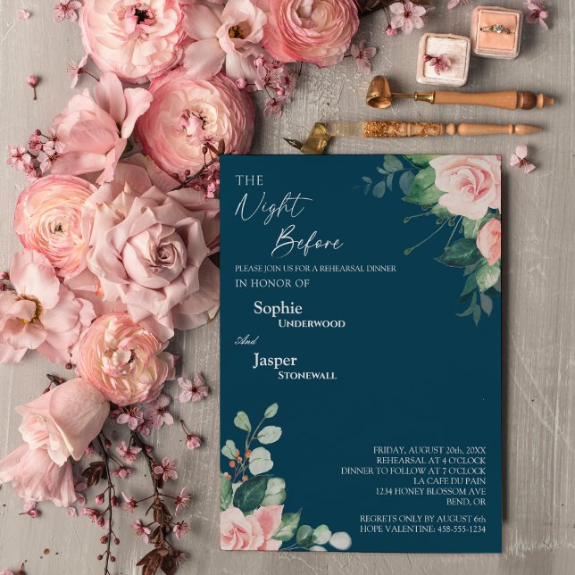 Blush Floral Navy Night Before Rehearsal Dinner Invitation (Creator Uploaded)