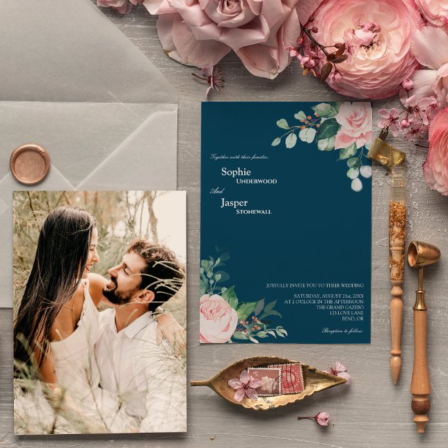 Blush Floral Navy Photo Wedding Invitation (Creator Uploaded)