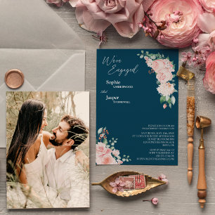 Blush Floral Navy Photo We're Engaged Invitation