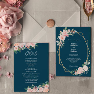 Blush Floral Navy Simple All In One Wedding Invitation