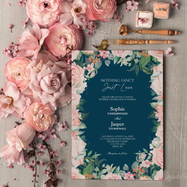 Blush Floral Navy Simple Nothing Fancy Wedding Invitation (Creator Uploaded)