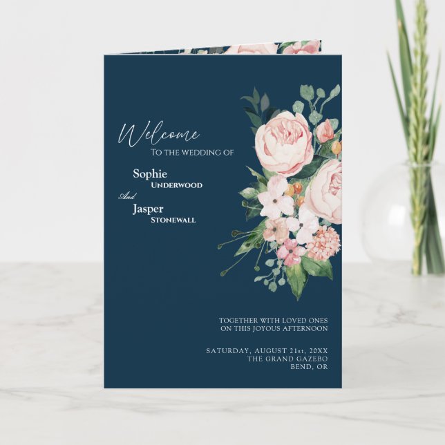Blush Floral Navy Wedding Folded Program Programme (Front)