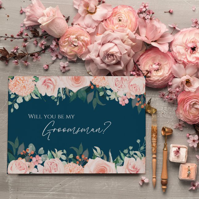 Blush Floral Navy Wedding Groomsman Proposal Card (Creator Uploaded)