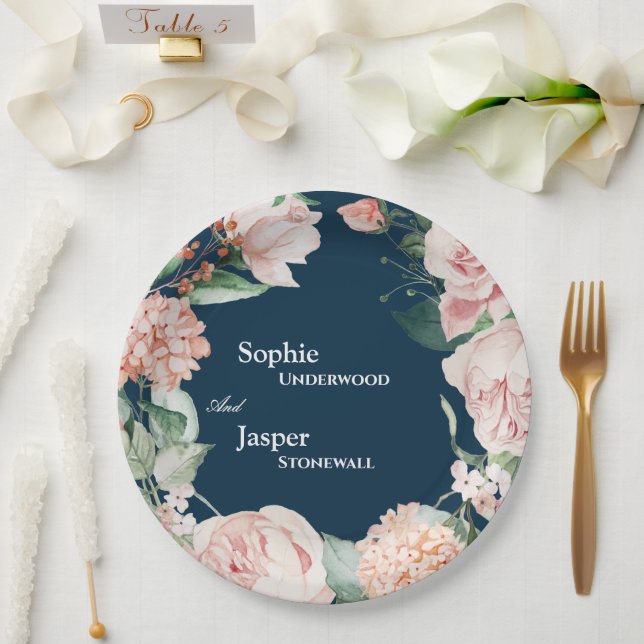 Blush Floral Navy Wedding Paper Plates (Wedding)