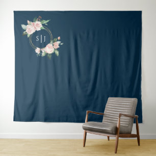 Blush Floral Navy Wedding Photo Backdrop Tapestry