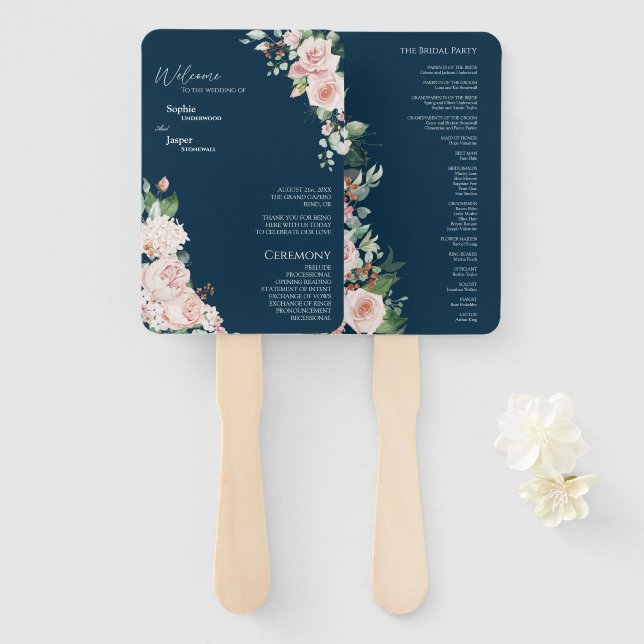 Blush Floral Navy Wedding Program Fan (Front and Back)