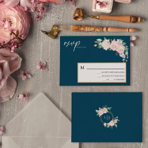 Blush Floral Navy Wedding Simple RSVP Card