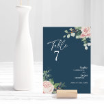 Blush Floral Navy Wedding Table Number Card<br><div class="desc">This blush floral navy wedding table number card design features beautiful chic classic backgrounds of pastel pink and navy blue with simple modern typography and elegant calligraphy to set a sophisticated tone for any style of event. Each product is embellished with gorgeous blush pink roses and peach and ivory hydrangeas...</div>