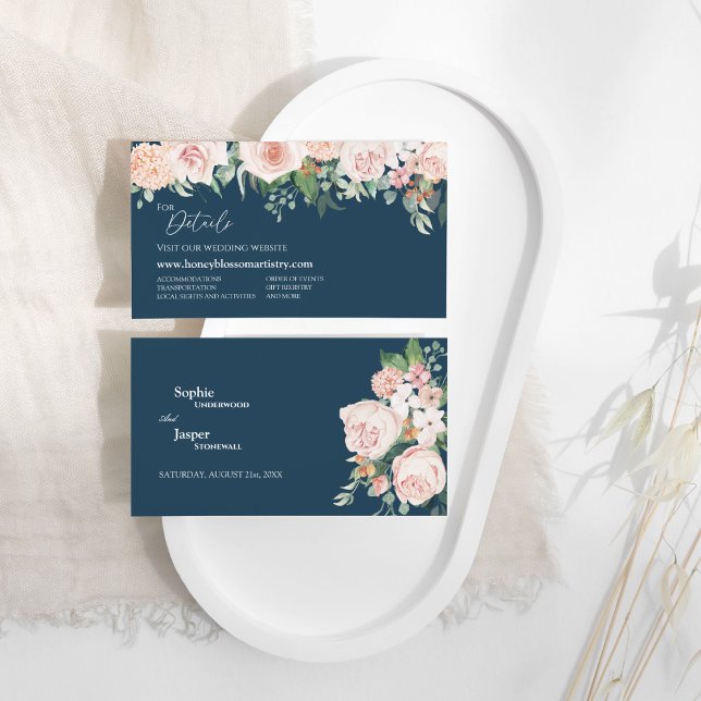Blush Floral Navy Wedding Website Enclosure Card (Creator Uploaded)
