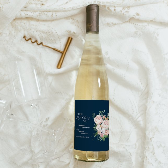 Blush Floral Navy Wedding Wine Label (Creator Uploaded)