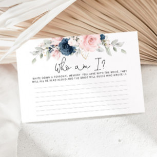 Blush floral navy Who am I bridal shower game Stationery