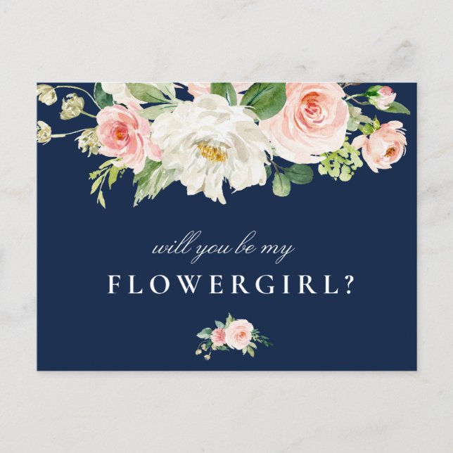 Blush floral navy will you be my flower girl card (Front)