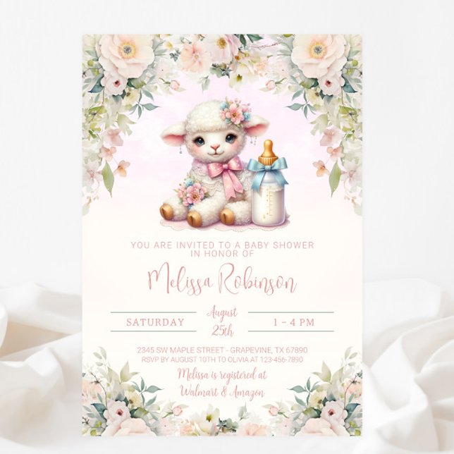 Blush Floral Newborn Lamb Baby Shower Invitation (Creator Uploaded)