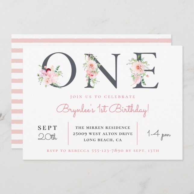 Blush Floral ONE | 1st Birthday Invitation (Front/Back)