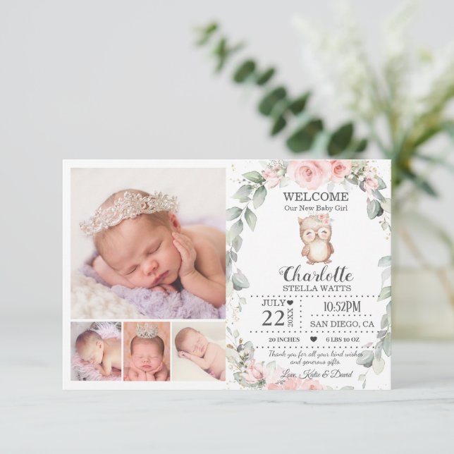 Blush Floral Owl New Baby Photo Birth Announcement (Standing Front)