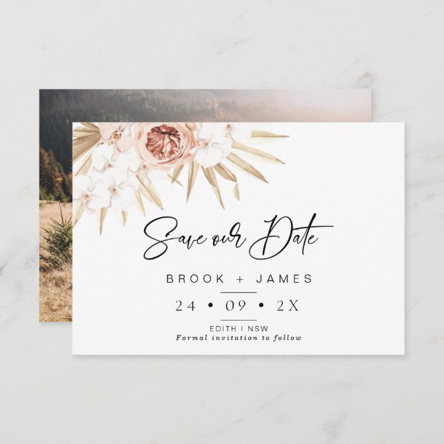 Blush Floral Palm Boho Wedding Save The Date Card (Front/Back)