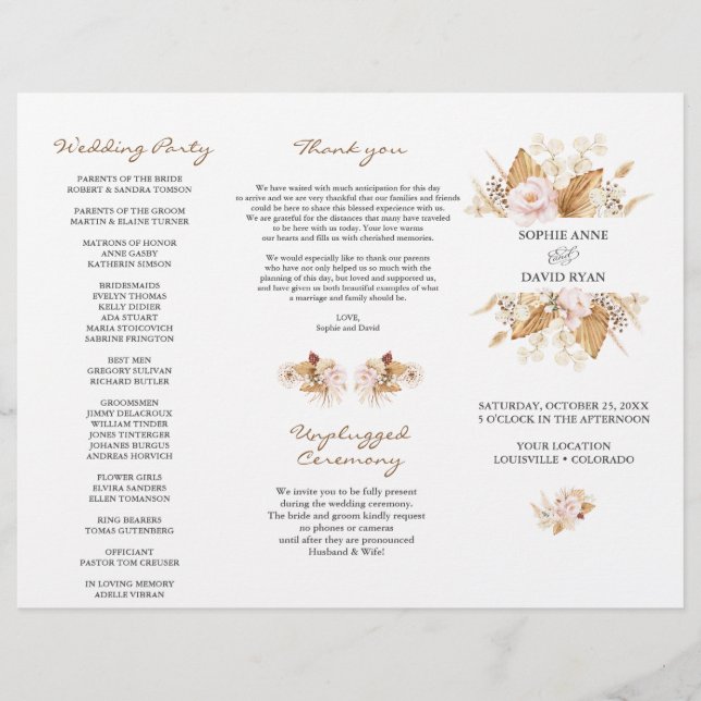 Blush Floral Pampas Grass Tri+Fold Wedding Program Flyer (Front)