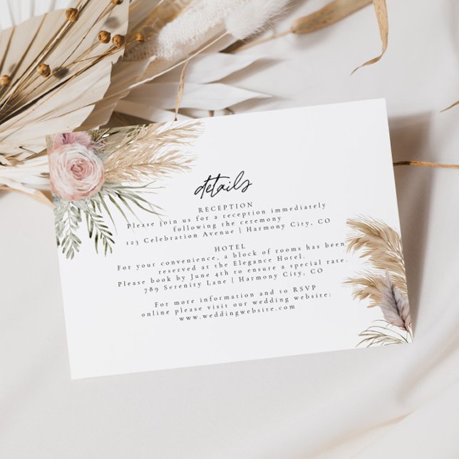 Blush Floral Pampas Grass Wedding Details Card (Creator Uploaded)