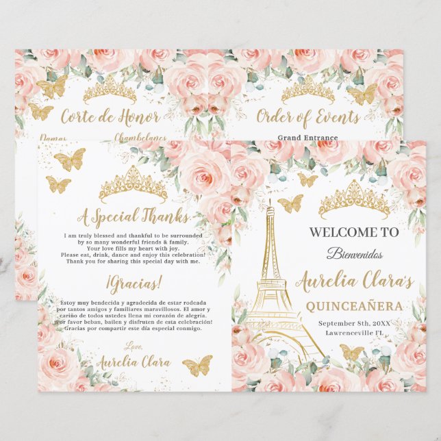 Blush Floral Paris Eiffel Quinceañera XV Program (Front/Back)