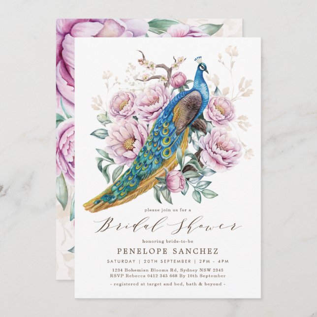 Blush Floral Peacock Chinoiserie Bridal Shower Invitation (Front/Back)