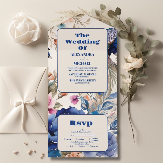 Blush Floral Peacock Chinoiserie Wedding All In One Invitation (Creator Uploaded)