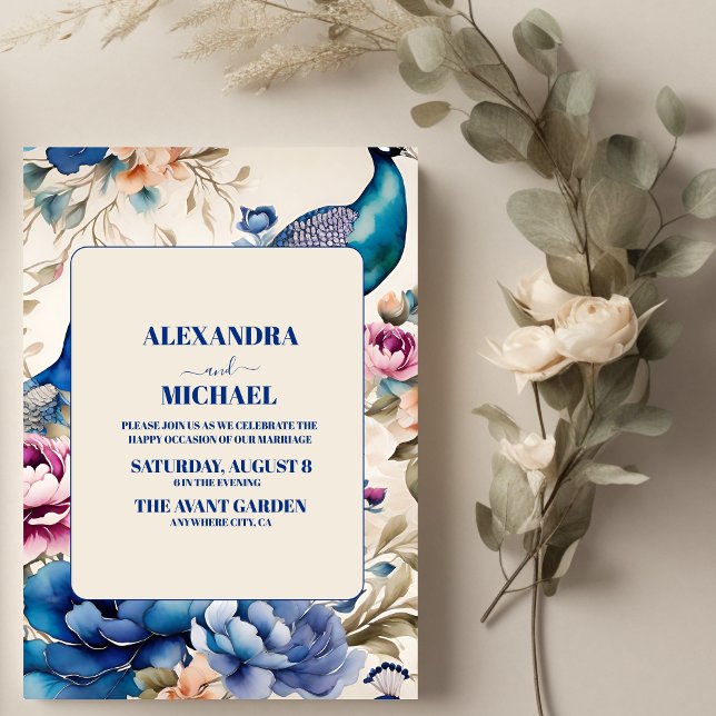 Blush Floral Peacock Chinoiserie Wedding Invitation (Creator Uploaded)