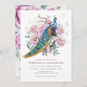 Blush Floral Peacock Chinoiserie Wedding Invitation