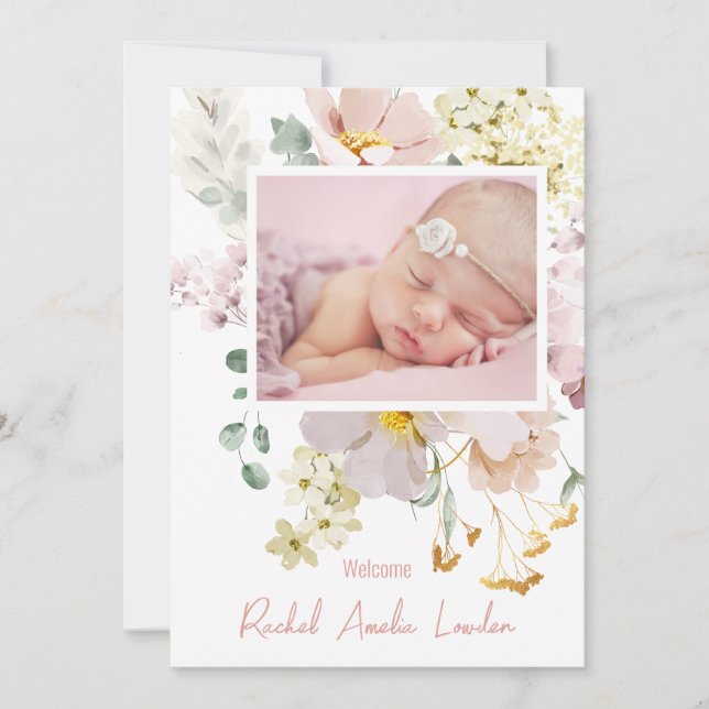 Blush Floral Photo Birth Announcement Card (Front)