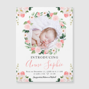 Blush Floral Photo Birth Announcement Cards