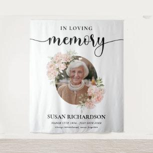 Blush Floral Photo Funeral Memorial Banner Tapestry