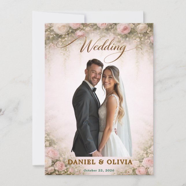 Blush Floral Photo Overlay Gold Script Elegant Invitation (Front)