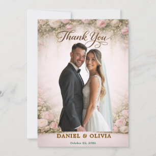 Blush Floral Photo Overlay Gold Script Elegant Thank You Card
