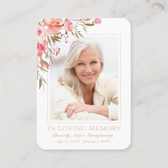 Blush Floral Photo Sympathy Funeral Memorial Card (Front)